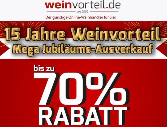 Weinvorteil: Mega Jubiläums-Ausverkauf mit bis zu 70% Rabatt